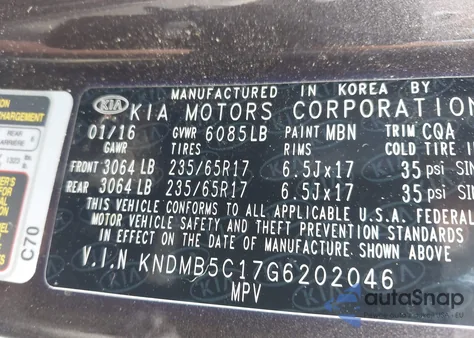2016 Kia Sedona Lx z USA, uszkodzony, nr VIN KNDMB5C17G6202046